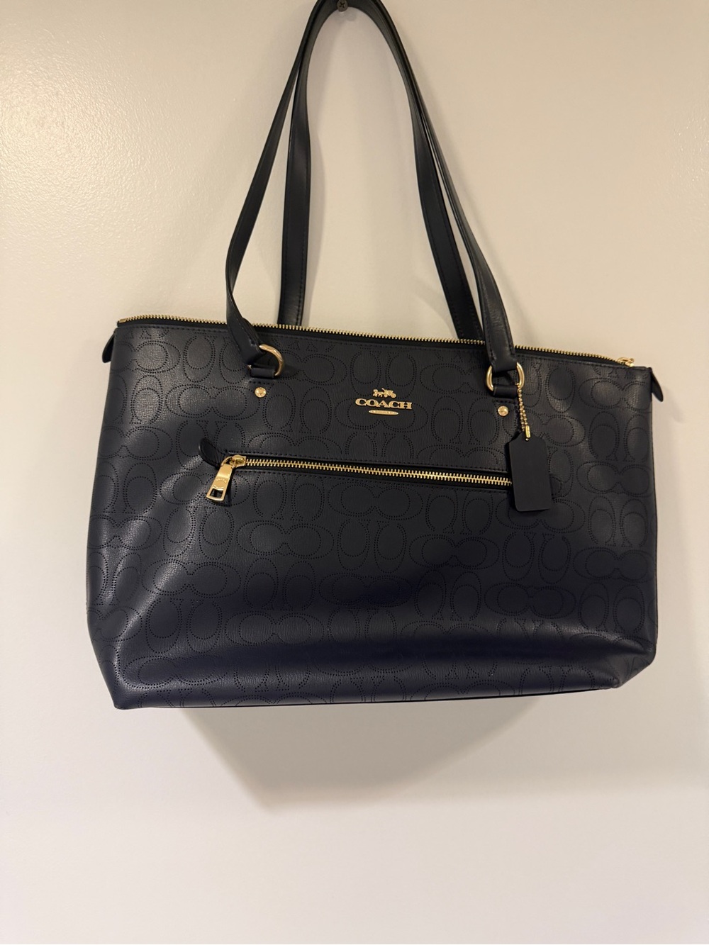 COACH Gallery Navy Leather Tote Bag with Gold Hardware